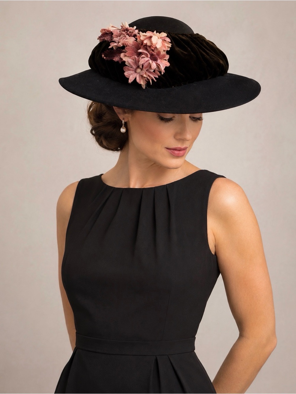 Vintage 1940’s Black Felt Wide Brim Picture Hat Velvet Crown Pink Flowers